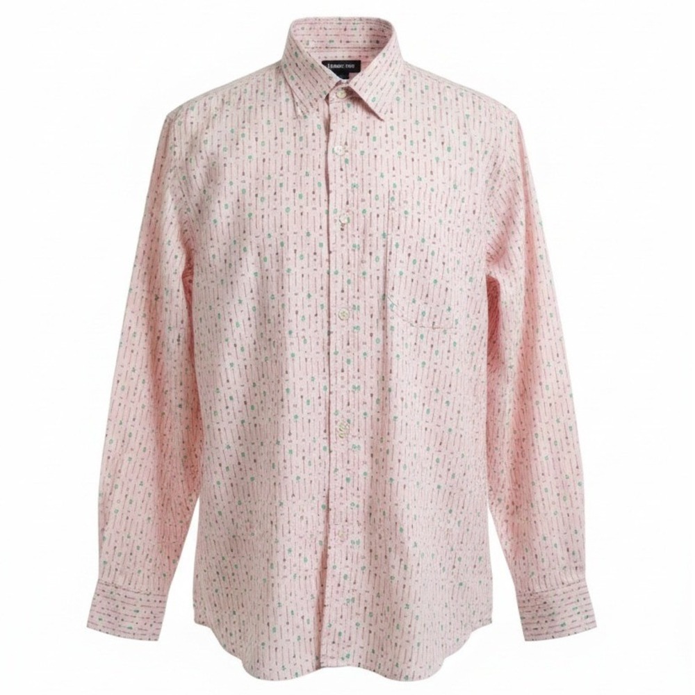 Lands End Mens XXL Tall Pink Oars Print Long Sleeve Button Down Shirt Cotton